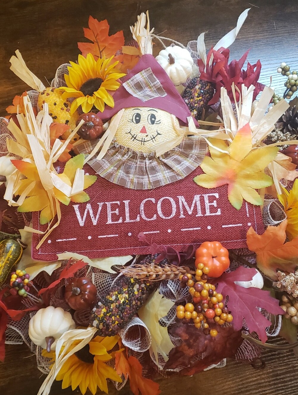 Autumn Welcome Harvest Wreath with Sunflowers and Scarecrow